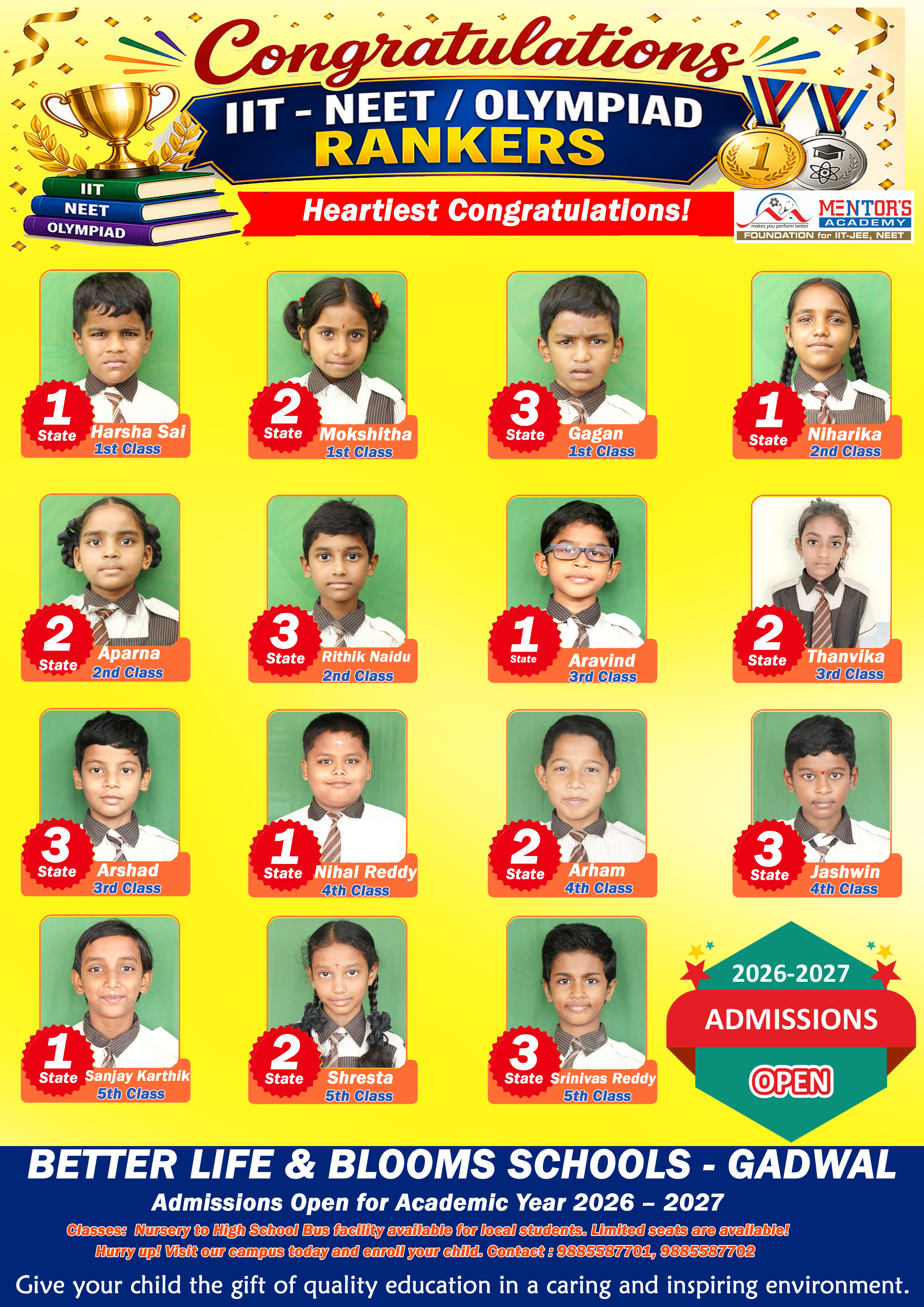 Olympiad state rankers from classes 1 to 5