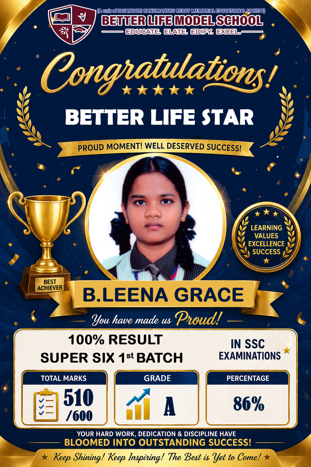 Better Life Star B. Leena Grace — 510/600, 86%, Grade A