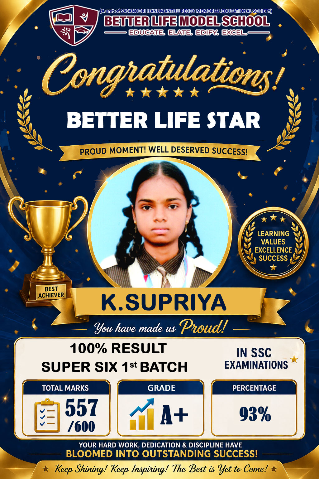Better Life Star K. Supriya — 557/600, 93%, Grade A+