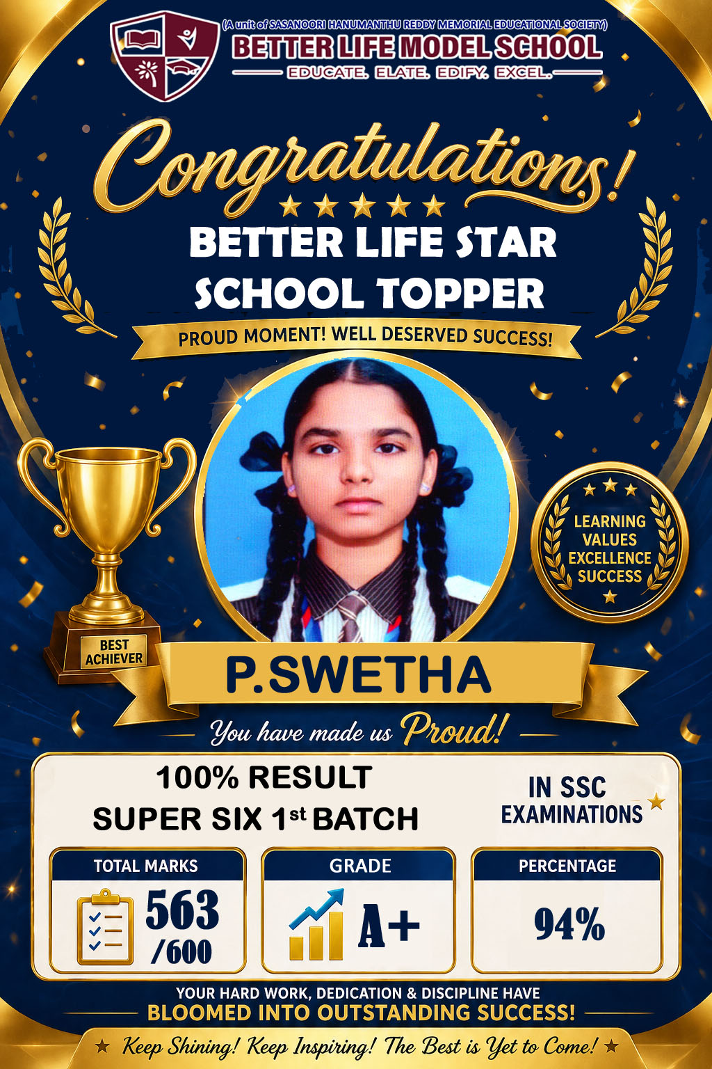Better Life Star P. Swetha — 563/600, 94%, Grade A+