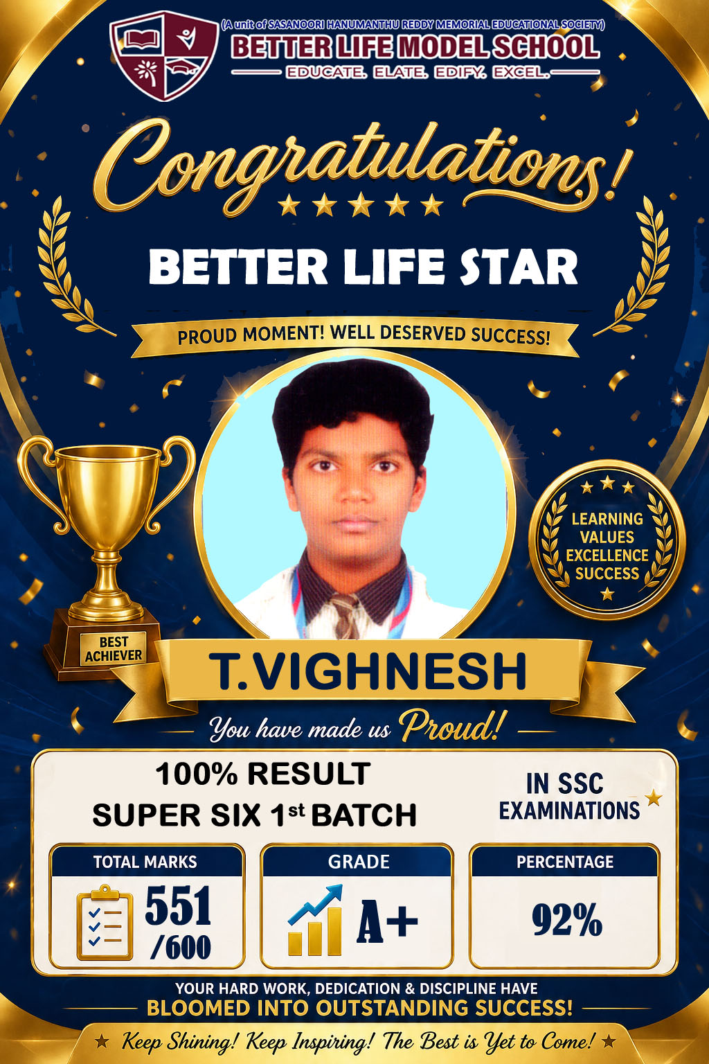 Better Life Star T. Vighnesh — 551/600, 92%, Grade A+