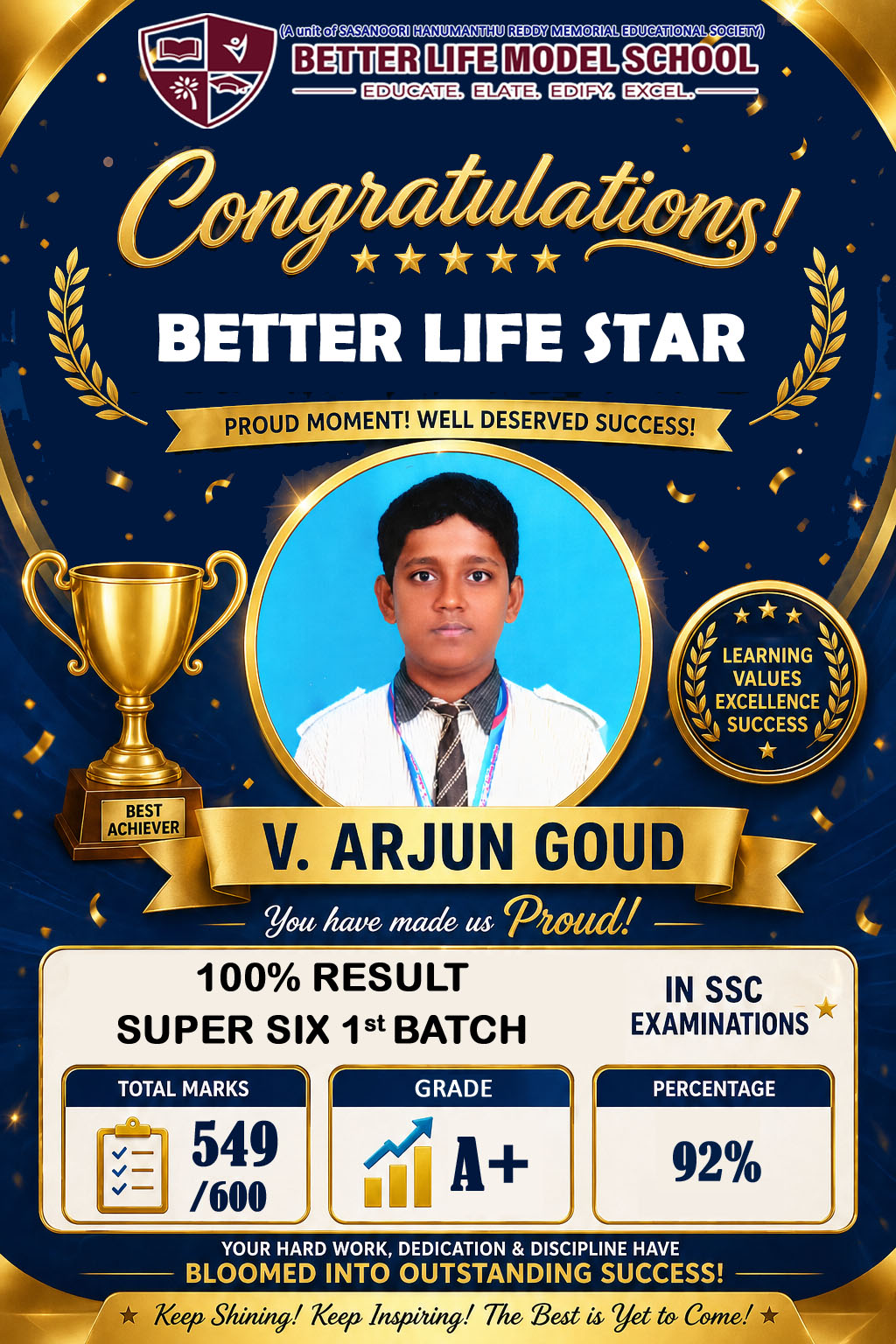 Better Life Star V. Arjun Goud — 549/600, 92%, Grade A+